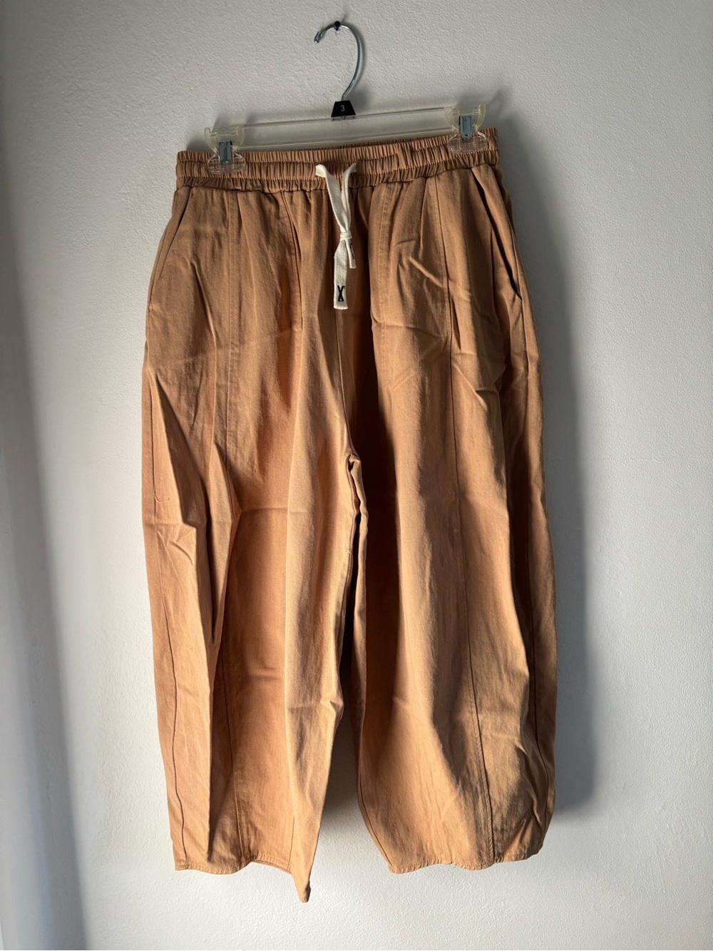Neutral Tan 100% Cotton Barrel Pants with Drawstring Waist and pockets